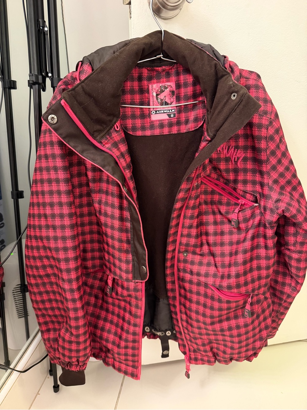 Airwalk Kids Pink and Black Plaid Hooded Puffer Jacket